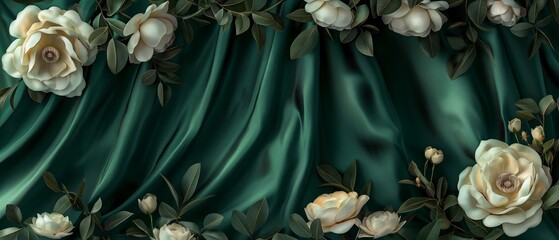 Wall Mural - A green background with white flowers on it. Floral and silk background. Perfect for product design and presentation.