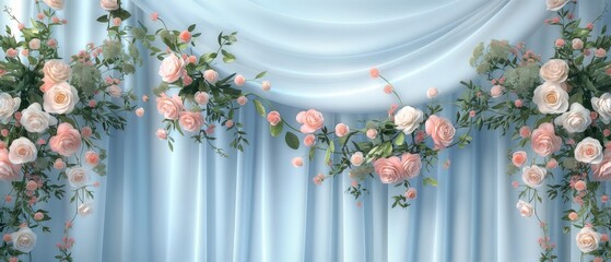 Canvas Print - A blue curtain with pink and white flowers hanging from it. Floral and silk background. Perfect for product design and presentation.