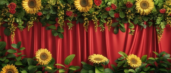 Canvas Print - A red curtain with yellow flowers and green leaves. Floral and silk background. Perfect for product design and presentation.