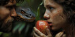 © WD Stock Photos - Adam and Eve are about to take the first bite of an apple in the garden of Eden. The snake or devil is nearby tempting  them