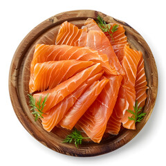 Wall Mural - Smoked salmon on wooden plate top view isolated on white background