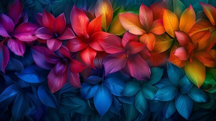 Poster - Vibrant colorful abstract floral background with multicolored leaves in shades of red, orange, purple, blue, and green.