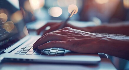 Poster - Person is editing video on a laptop in a colorful and vibrant setting, with a focus on their hands and the screen AIG59
