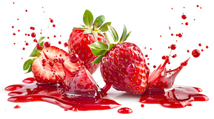 Wall Mural - Strawberry fruit with juice splashes isolated on white background