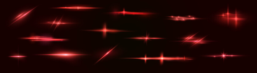 Poster - Light red effect reflections, neon illumination in red colors. Bright light lens. Police light effects, lines. Shiny stars, glowing sparks on a black background. Vector red light effect