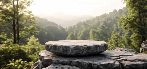 Stone podium on rock platform 3d illustration, grey rock pedestal for a product display stand, green forest and blurred on the background, natural scenery landscape.