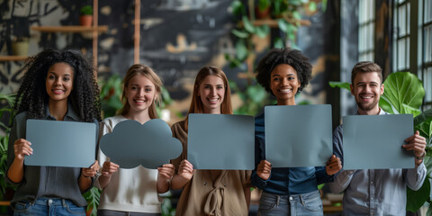 Wall Mural - A diverse group of business people holding blank paper speech bubbles. 