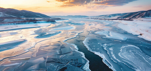 Wall Mural - Aerial view of Lake Baikal in winter, ice and snow cover the lake surface, beautiful scenery, with hills on both sides