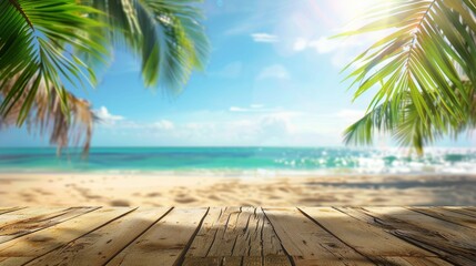 Wall Mural - Sunny tropical beach backdrop in summer, blurred behind a wooden table, ideal for displaying summer products and hosting presentations on the table.