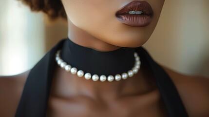 Wall Mural - Close up of a beautiful woman's lips with pearls necklace.