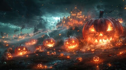 Wall Mural - Spooky Halloween Night with Jack-o'-lanterns and Haunted Castle Under Moonlight