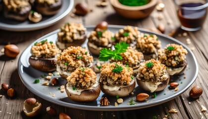 Wall Mural - Stuffed mushrooms with cream cheese, bread crumbs and nuts on plate over wooden background.
