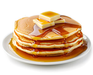 Wall Mural - Pancake stack with butter and syrup isolated on white background