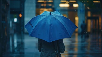 Sticker - Blue Monday background. Most depressing day of the year. Feelings of depression, sadness, loneliness, melancholy. Lonely alone woman with big blue umbrella in city street