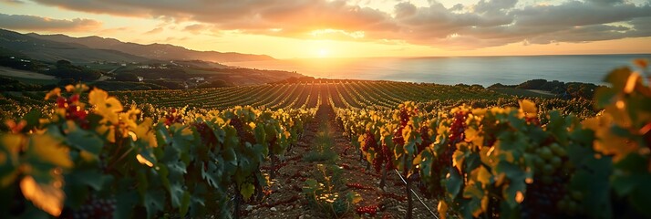 Sprawling vineyard at sunrise rows of grapevines stretching into the distance bathed in golden light