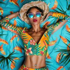 A woman is laying on a bed with a tropical print on it