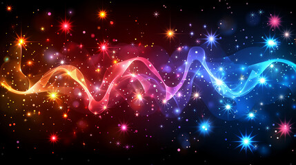 Wall Mural - A vibrant array of colorful lights and stars intertwined with dynamic waves against a dark background.