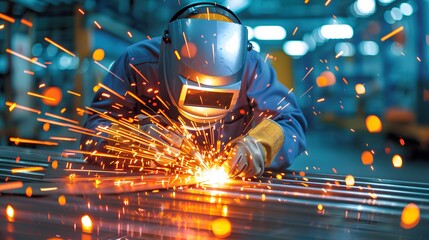 Wall Mural - A welder in a protective helmet, welding metal pieces together in a workshop, with sparks flying and the bright light of the welding torch highlighting the intensity of the work. List of Art Media,