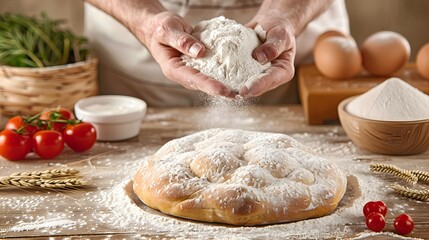 Wall Mural - A baker kneading dough in a kitchen filled with baking supplies and ingredients, capturing the warmth and creativity of traditional baking. List of Art Media, Photograph inspired by Spring magazine