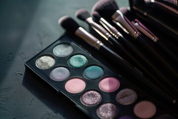 Softly lit makeup palette and brushes with banner space for text, ideal for beauty product promotion