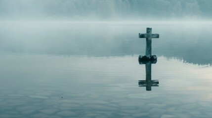 Wall Mural - cross in the middle of a calm lake with a little fog