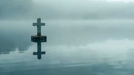 Wall Mural - cross in the middle of a calm lake with a little fog