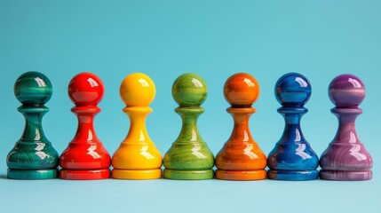 Wall Mural - A row of colorful wooden chess pieces are lined up on a blue background