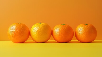 Wall Mural - Four oranges are sitting on a yellow background