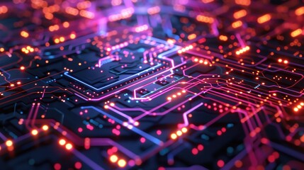 Poster - Vivid, close-up view of a glowing electronic circuit board with futuristic design, highlighting intricate patterns and bright, colorful lights.