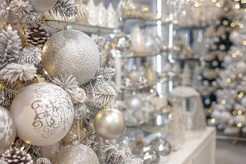 Wall Mural - Christmas composition with elegant white and silver color decorations. Beautiful showcase of store decorated for Christmas and New year