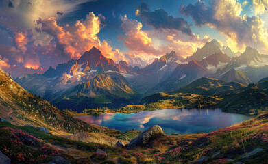 Wall Mural - the French Alps with a lake and mountains in summer, during sunset, with a panoramic view