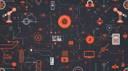 Wall Mural - A black and orange background with many different shapes and objects. The shapes and objects are all connected to each other, creating a sense of a complex network or system