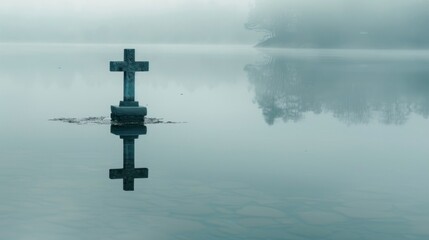 Wall Mural - cross in the middle of a calm lake with a little fog