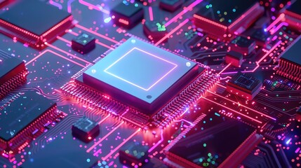 Poster - Futuristic motherboard close-up with glowing circuits and microchip. Technology, digital hardware, and innovation concept.