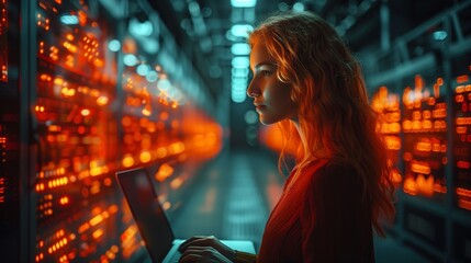 Poster - woman working on laptop in server room with red and blue lights