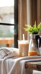 Poster - Luxurious Bathrobe and Refreshing Milkshake for a Peaceful Morning Indulgence