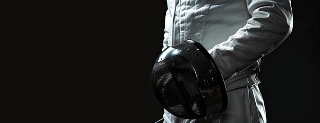 Wall Mural - High-angle view of a fencer holding a fencing mask, isolated on a black background, dramatic lighting casting sharp shadows, ample copyspace, photorealistic detail