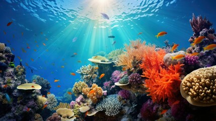 Wall Mural - Underwater scene with sunlight, colorful fish, and coral reefs.