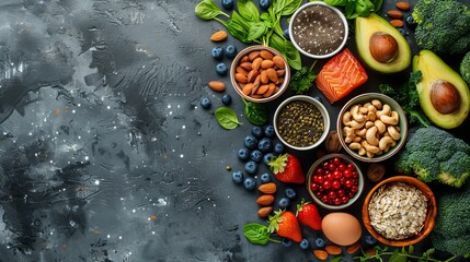 Topview of superfoods including salmon, avocado, eggs, nuts, seeds, and a variety of fresh fruits and vegetables. Perfect for promoting healthy eating and nutritious diet concepts