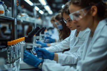 Poster - young scientists working in a modern laboratory with microscopes and samples