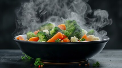 A steaming bowl of fresh, vibrant steamed vegetables including broccoli, carrots, and cauliflower.