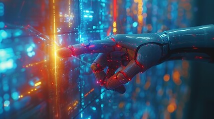 Poster - robotic hand interacting with digital interface in futuristic server room