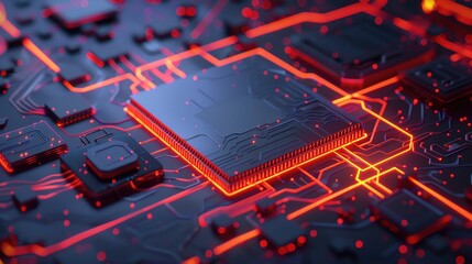Poster - Modern computer processor chip on a futuristic circuit board with glowing red and orange light, representing high technology and innovation.