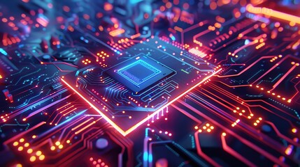 Poster - Close-up of a illuminated microchip on a circuit board, displaying intricate electronic components and vibrant colors.