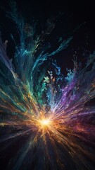 Poster - Powerful burst of light at center, with vibrant tendrils of color radiating outward in all directions. Various hues such as blue, green, yellow, purple.