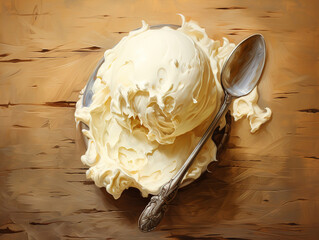 Wall Mural - Excellent Curl of butter on a knife on a blue wooden table, with copy space