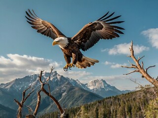 An adult bald eagle (Haliaeetus leucocephalus) come to landing