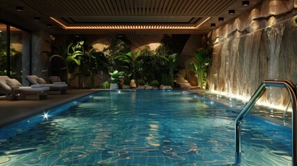 Wall Mural - Indoor Swimming Pool with Waterfall and Tropical Plants