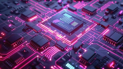 Poster - Futuristic AI technology circuit board with glowing neon lines showcasing advanced microchip architecture.