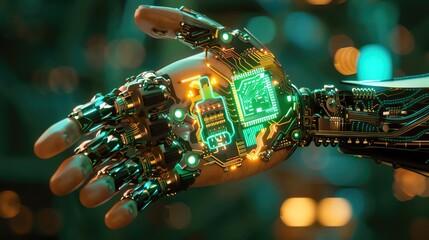 Poster - Futuristic robotic hand with advanced circuitry and glowing interface, representing innovation in technology and artificial intelligence.